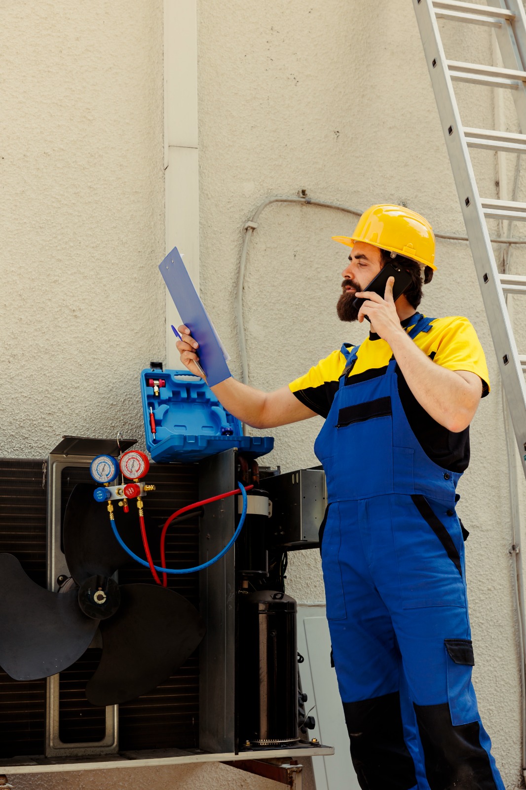 David Solutions Air Conditioning licensed HVAC technician inspecting AC system with refrigerant gauges in Miami FL