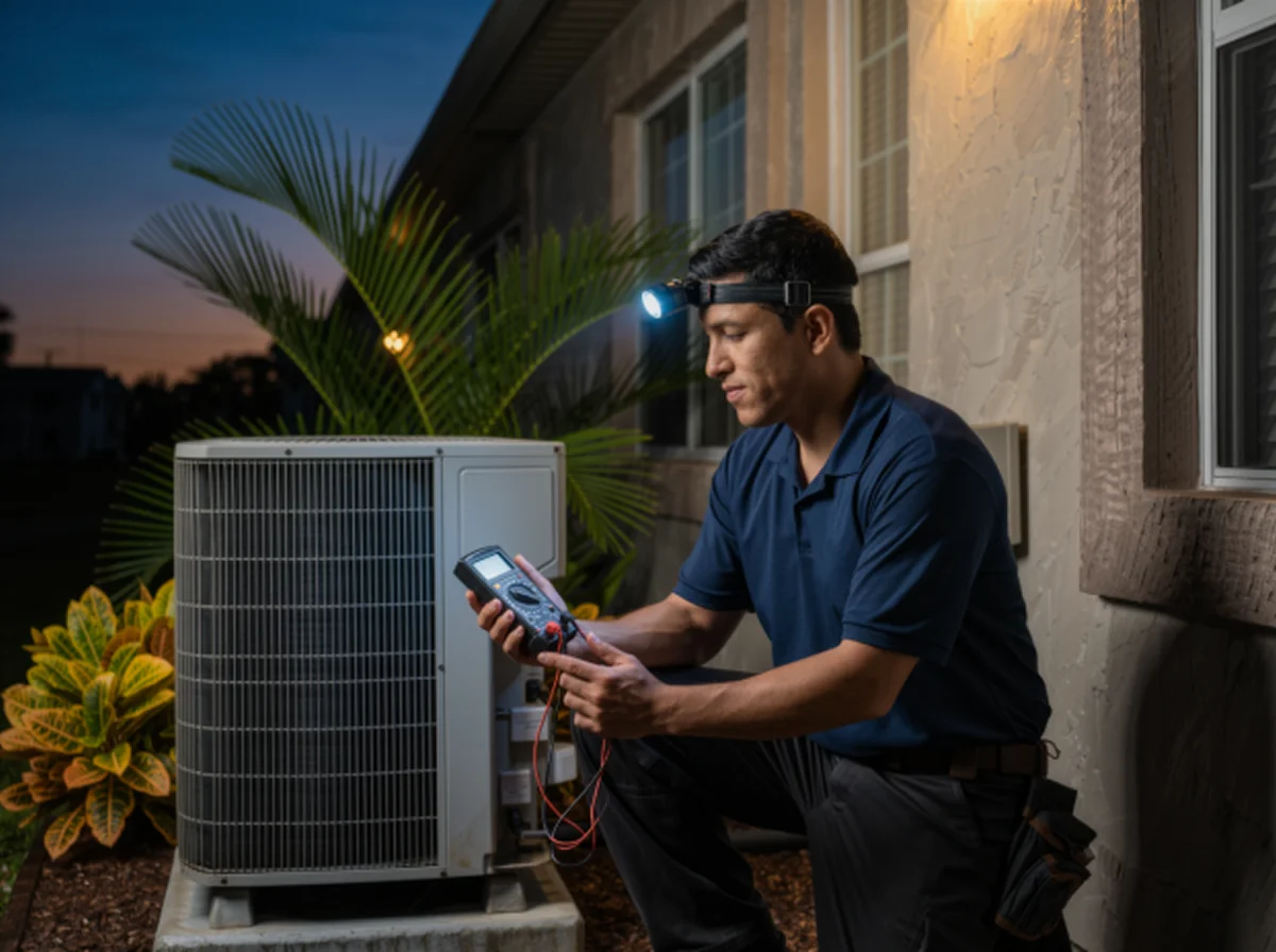 HVAC technician testing an outdoor AC condenser at dusk during an emergency AC repair in Miami