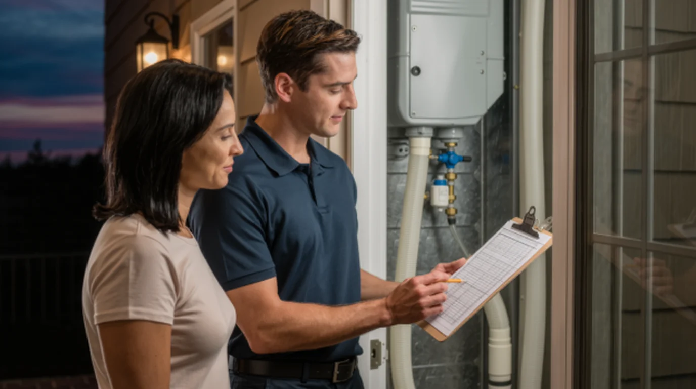 HVAC technician reviewing a written repair estimate with a homeowner beside an indoor air handler