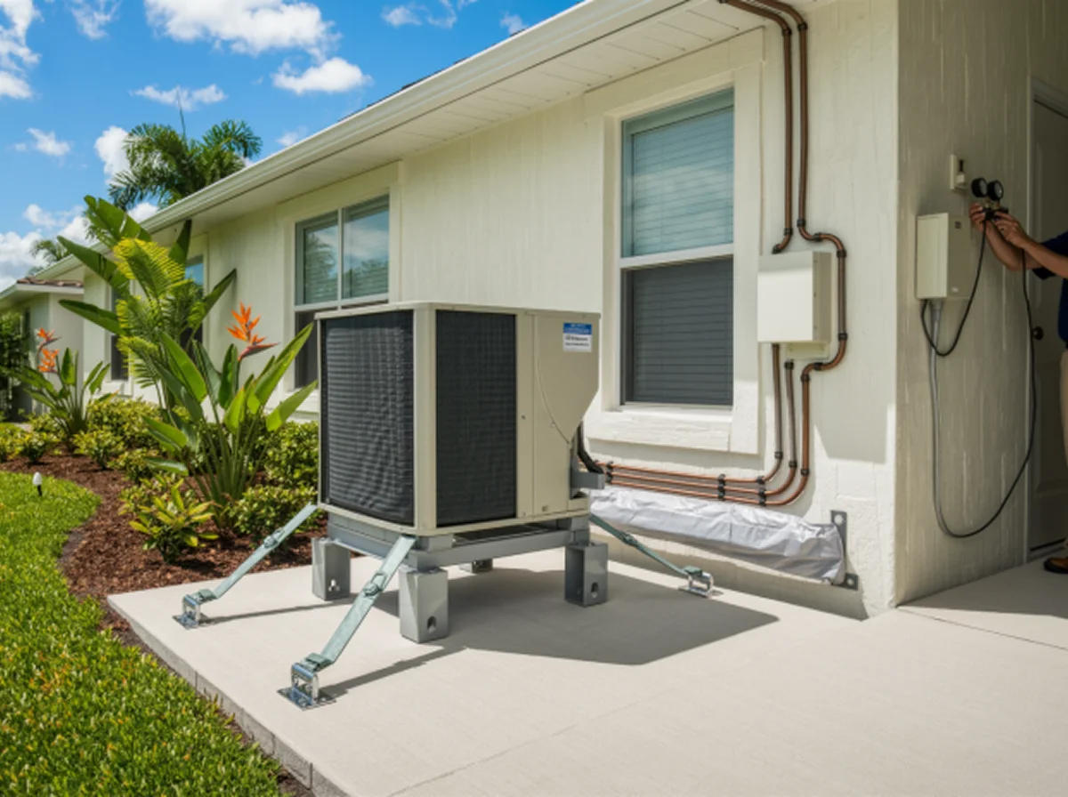 New AC condenser installed on a raised pad beside a Miami home with an insulated line set