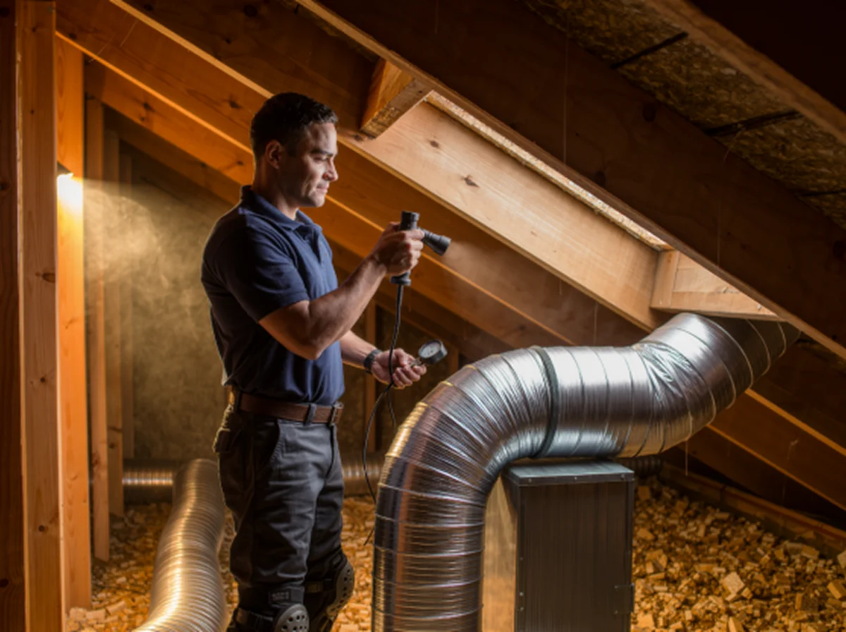HVAC technician inspecting attic ductwork and a supply plenum during an AC replacement in Miami