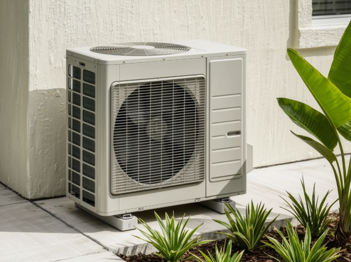 Outdoor AC condenser of a central split system beside a Miami home