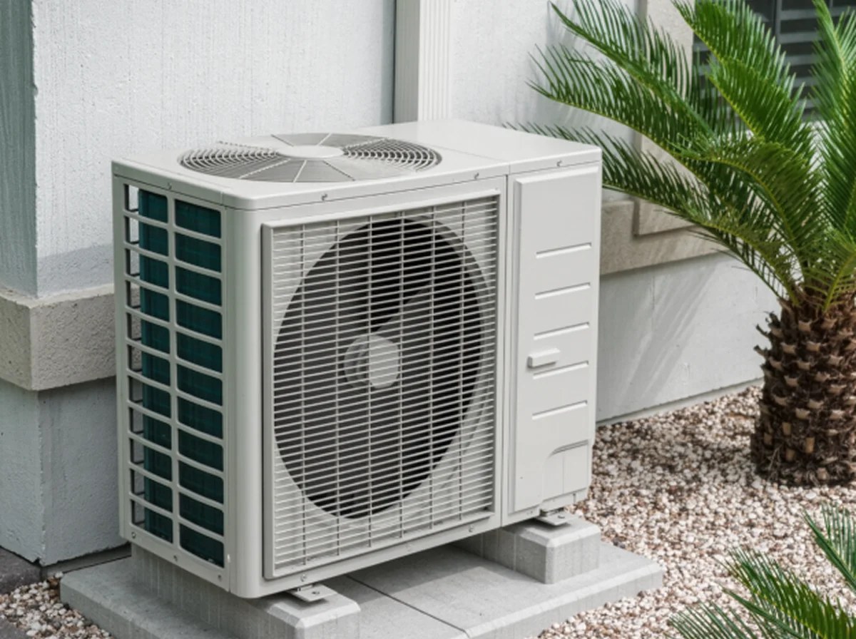 Heat pump outdoor unit on a pad beside a South Florida home