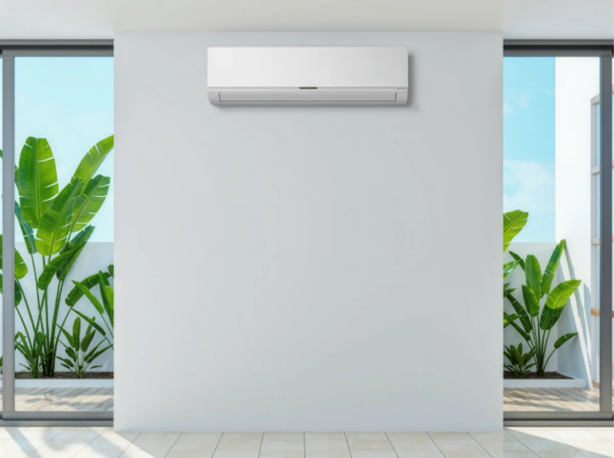Wall-mounted ductless mini-split indoor unit in a bright Miami living room