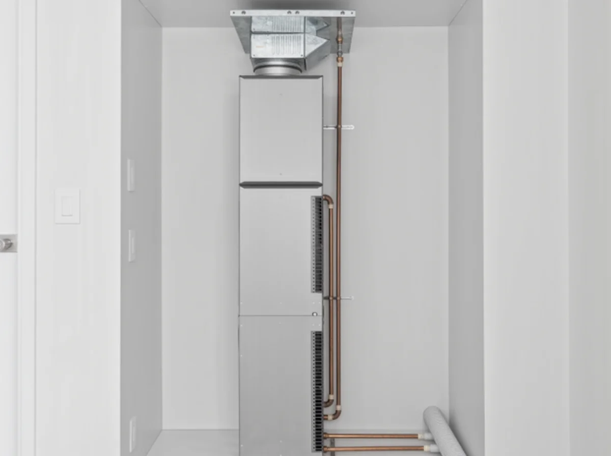 New vertical air handler installed in a clean utility closet with new refrigerant and drain lines