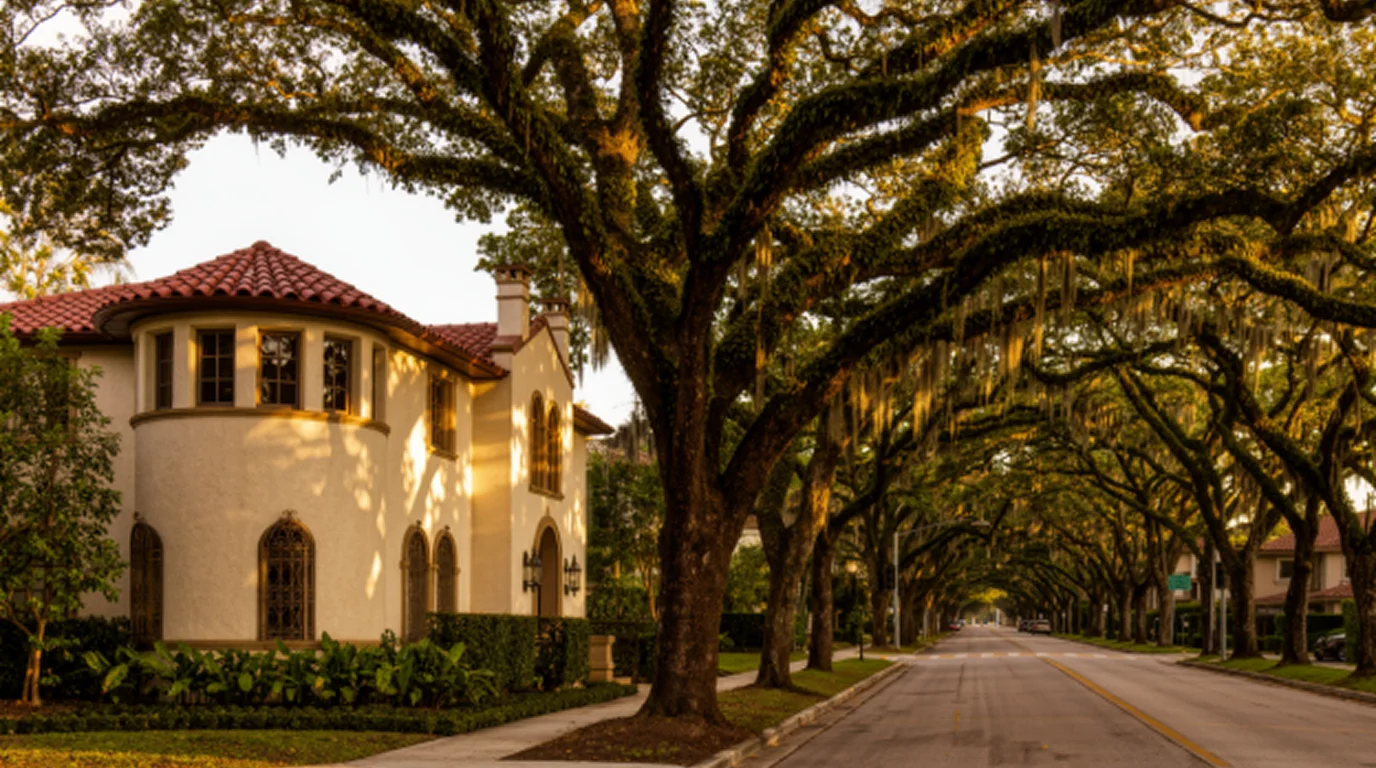 Mediterranean Revival home on an oak-lined street in Coral Gables, Florida