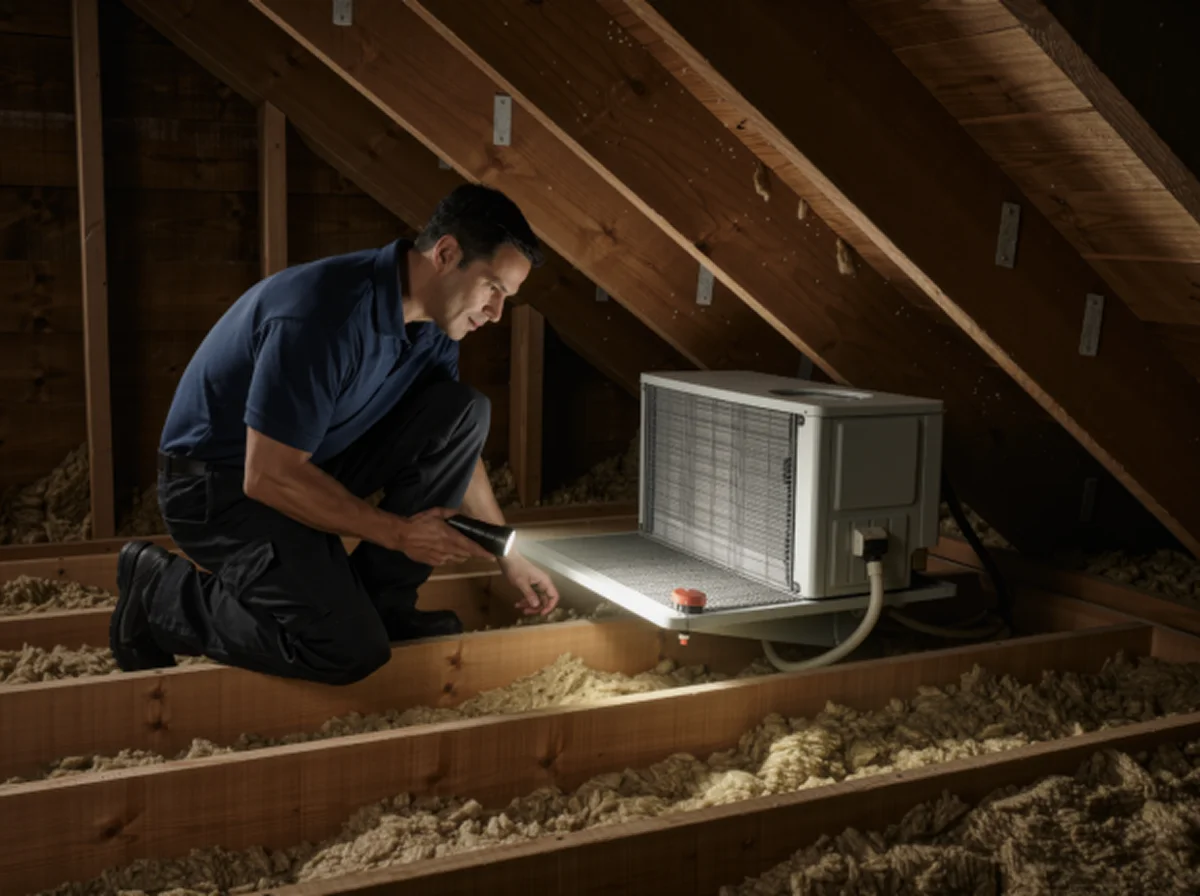 HVAC technician inspecting an attic air handler in an older Coral Gables home