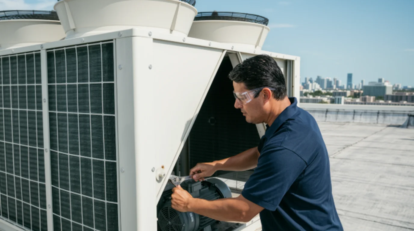 Technician servicing a commercial chiller fan assembly on a rooftop in Coral Gables