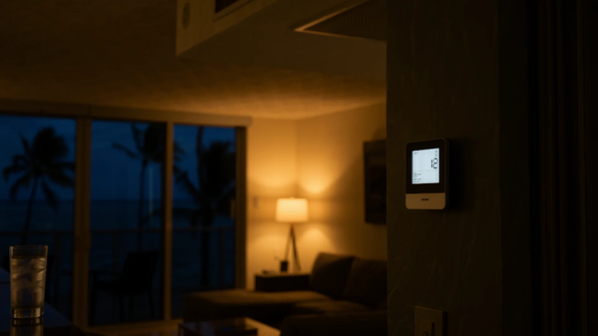 Glowing wall thermostat in a dark Miami living room at night during an AC emergency
