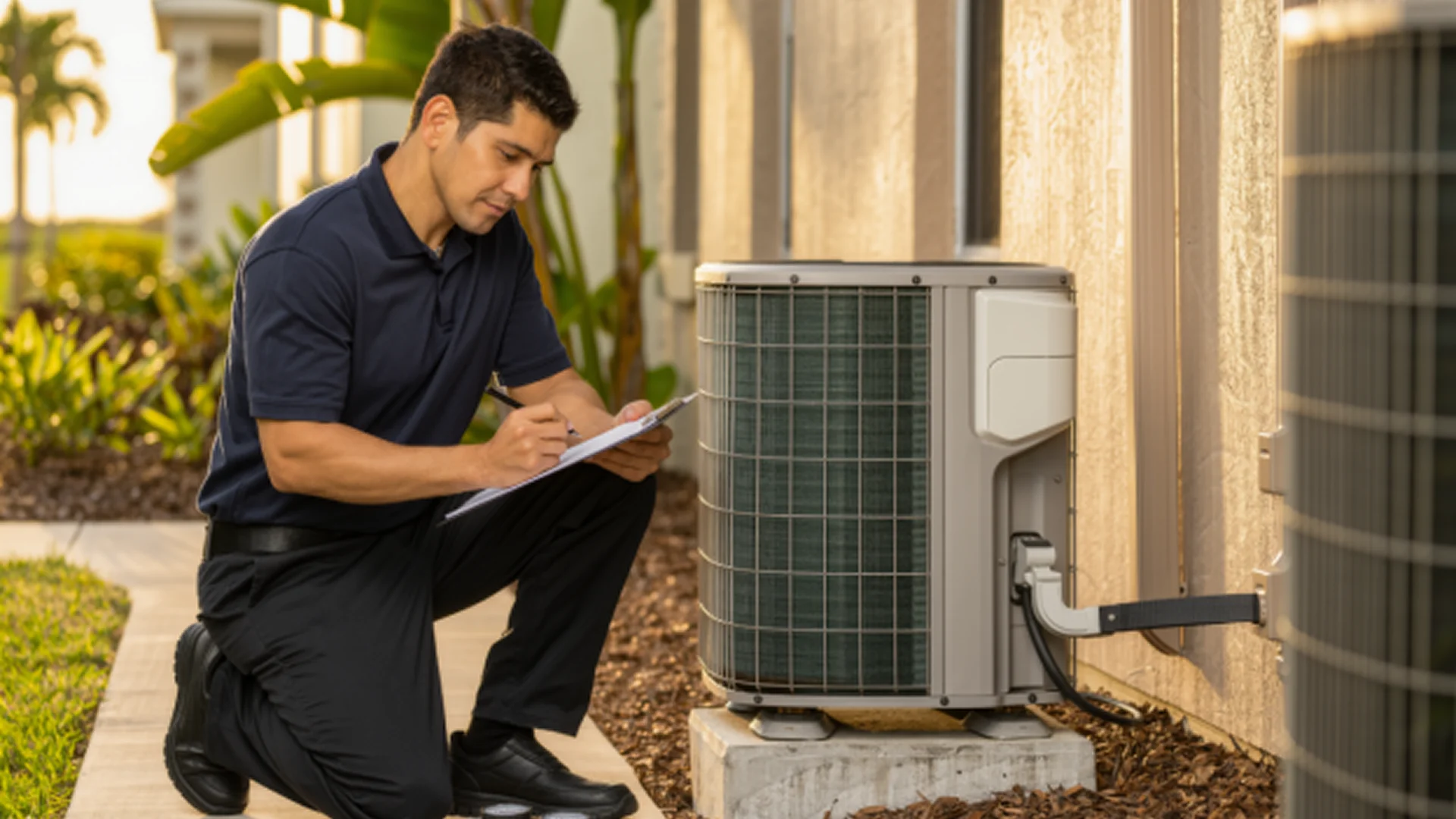 HVAC technician writing a repair estimate beside an outdoor AC unit at a Miami home