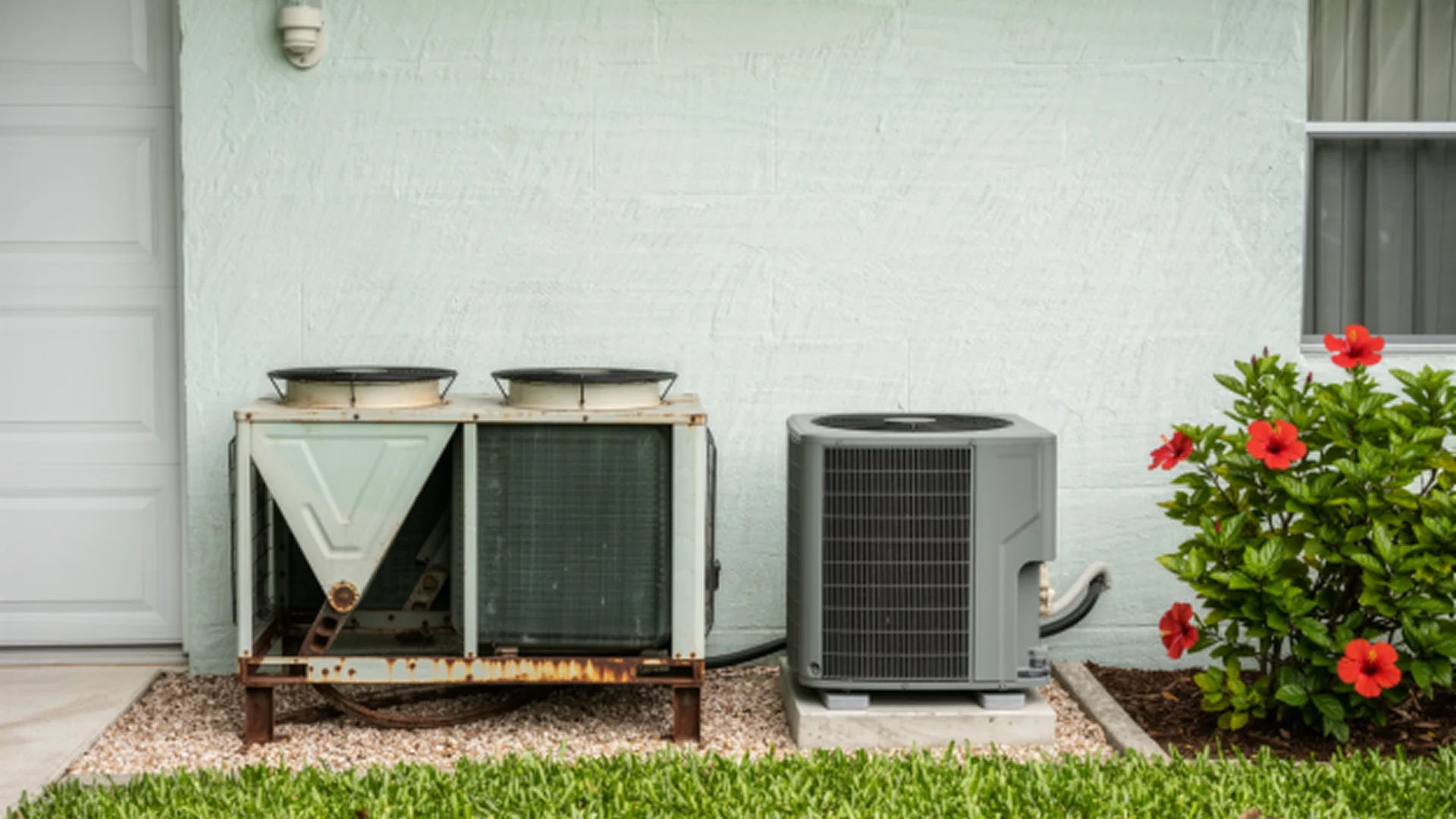 Older outdoor AC condenser next to a newer unit beside a Miami home